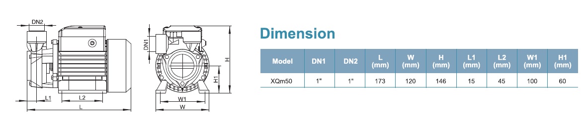 پمپ آب | جدول ابعاد و اندازه پمپ آب لئو XQm50