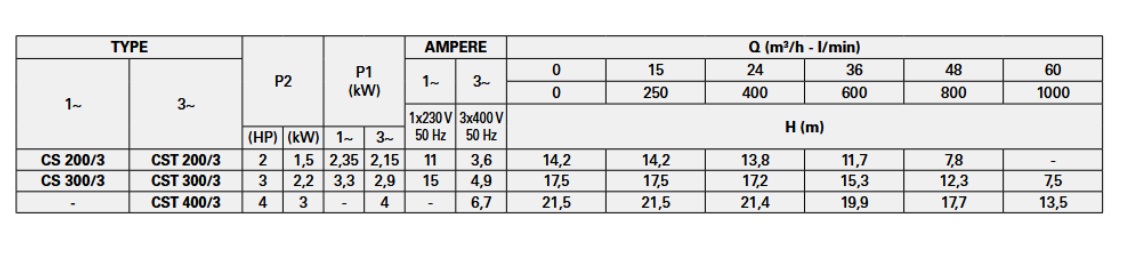 پمپ آب | جدول مشخصات پمپ آب پنتاکس CS 300/3