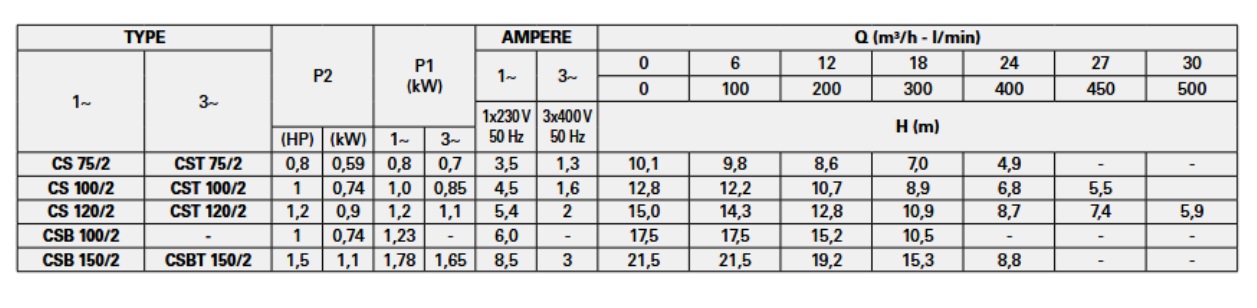 پمپ آب | جدول مشخصات پمپ آب پنتاکس CS 100/2